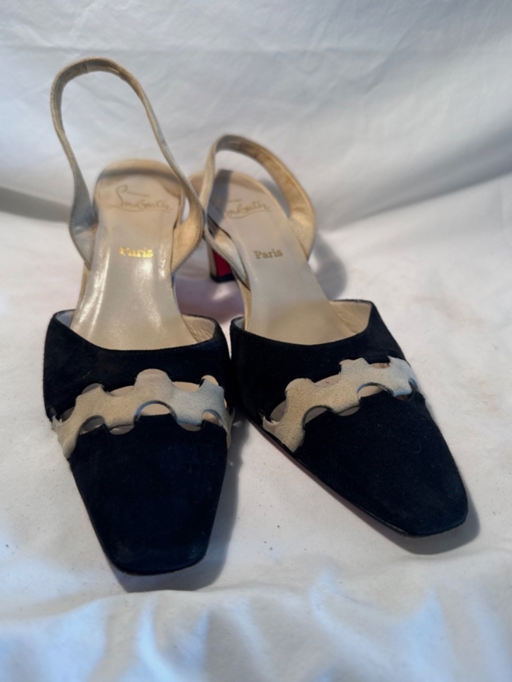 Rare Vintage Christian Louboutin Black and White Suede Slingback Kitten Heels